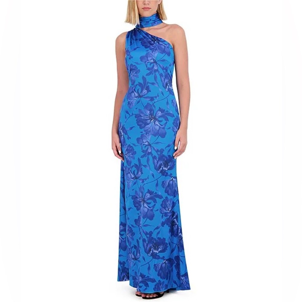 Vince Camuto One Shoulder Drape Mock Neck Sleeveless Floral Sheath Dress